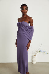Letizia Midi Dress with Off Shoulder & Ruched Details in Purple