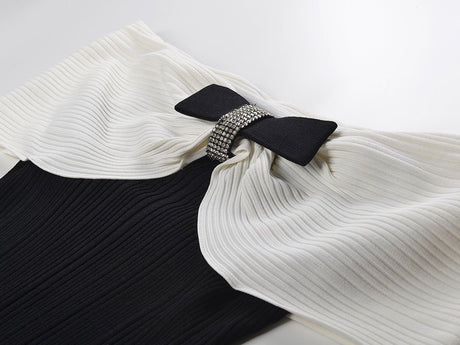 Lexi Dress - Fitted Silhouette With Flared Bottom - Off - Shoulder Design With Bow Detail - Bodycon Fit Enhancing Curves - Decorative Bow and Pleating