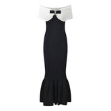 Lexi Dress - Fitted Silhouette With Flared Bottom - Off - Shoulder Design With Bow Detail - Bodycon Fit Enhancing Curves - Decorative Bow and Pleating