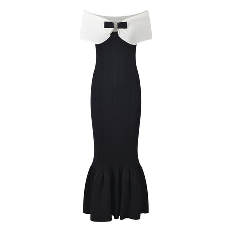 Lexi Dress - Fitted Silhouette With Flared Bottom - Off - Shoulder Design With Bow Detail - Bodycon Fit Enhancing Curves - Decorative Bow and Pleating