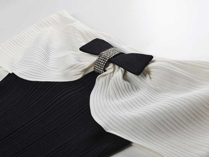 Lexi Dress - Fitted Silhouette With Flared Bottom - Off - Shoulder Design With Bow Detail - Bodycon Fit Enhancing Curves - Decorative Bow and Pleating