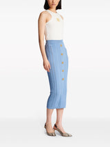 Lexi Midi Skirt - Slim Fit - Ribbed Texture - High - Waisted Design - Statement Gold Buttons - Versatile Styling