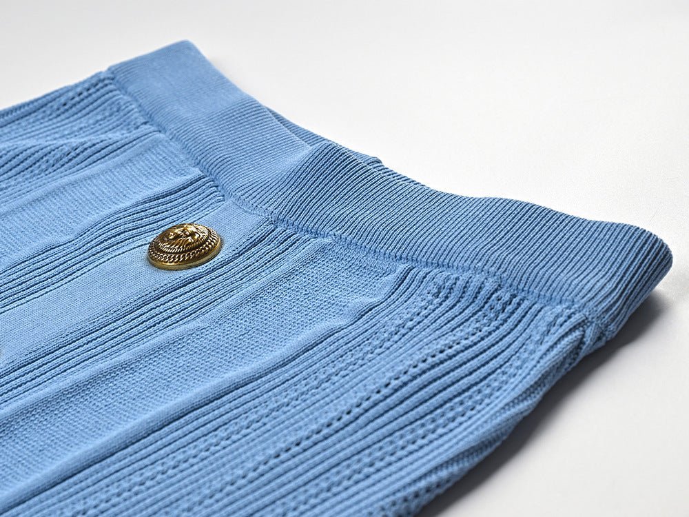 Lexi Midi Skirt - Slim Fit - Ribbed Texture - High - Waisted Design - Statement Gold Buttons - Versatile Styling