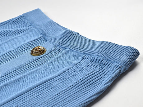 Lexi Midi Skirt - Slim Fit - Ribbed Texture - High - Waisted Design - Statement Gold Buttons - Versatile Styling