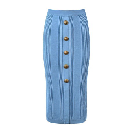 Lexi Midi Skirt - Slim Fit - Ribbed Texture - High - Waisted Design - Statement Gold Buttons - Versatile Styling