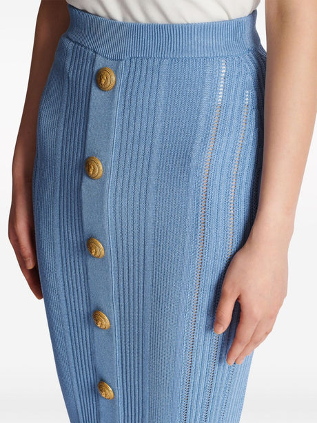 Lexi Midi Skirt - Slim Fit - Ribbed Texture - High - Waisted Design - Statement Gold Buttons - Versatile Styling