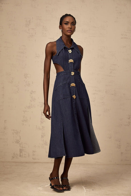 Lia Midi Dress Dark Blue Pointed Collar Cut Out Slit Pockets Buttons