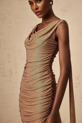 Lia Mini Dress Brown Rhinestone Ribbon Ruched Zip & Thigh Length