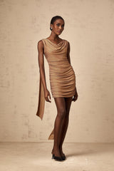 Lia Mini Dress Brown Rhinestone Ribbon Ruched Zip & Thigh Length