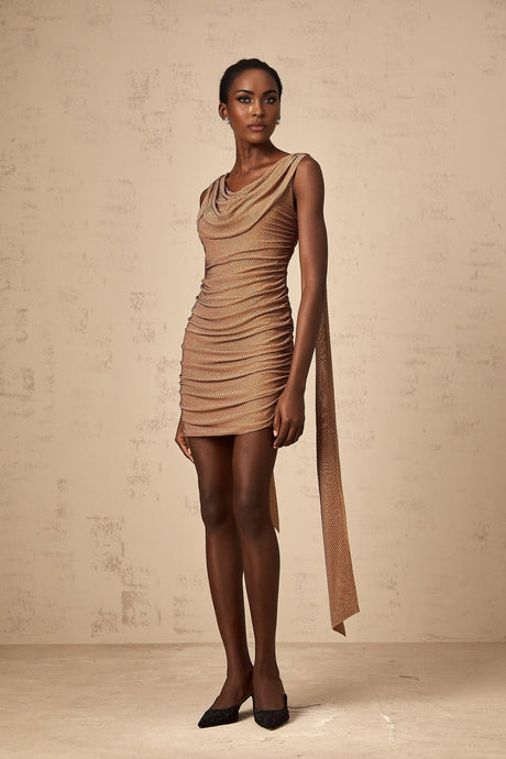 Lia Mini Dress - Cowl Neck - Sleeveless - Ruched Detailing - Rhinestone Embellishment