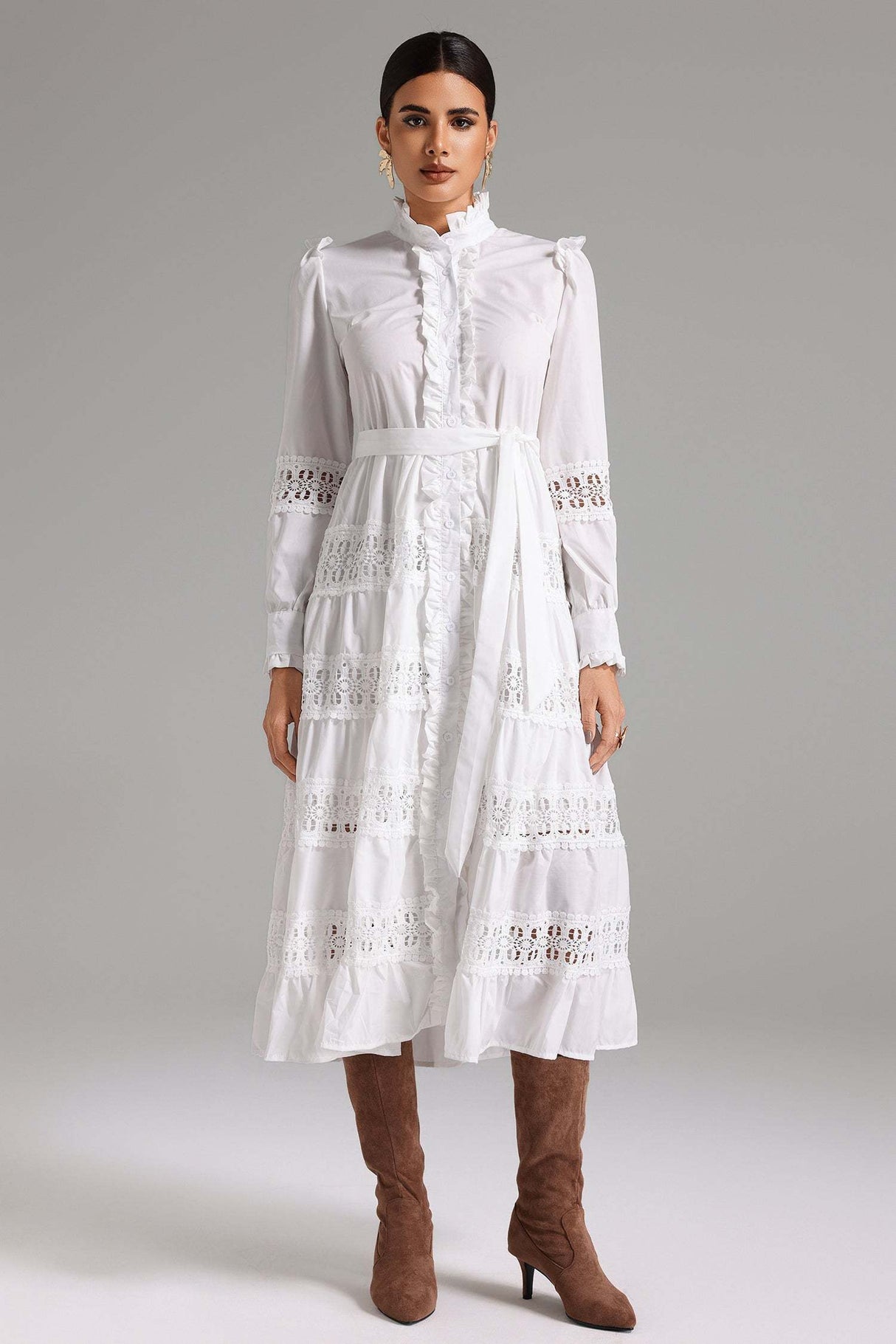 Lia White Ruffle Detail Midi Dress