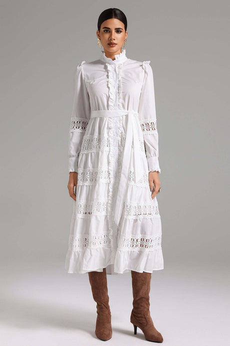 Lia White Ruffle Detail Midi Dress