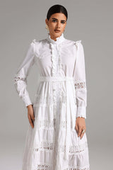 Lia White Ruffle Detail Midi Dress with Lace Insets and Cinched Waist