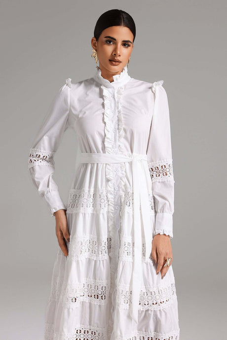 Lia White Ruffle Detail Midi Dress with Lace Insets and Cinched Waist