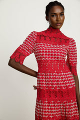 Liana Maxi Dress in Bold Red with Scallop Pattern & Lace Paneling