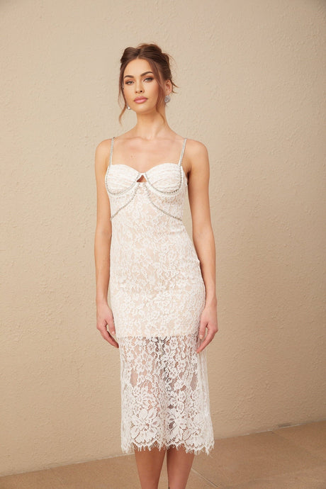 Liana Midi Dress Crystal Embellished Bustier & Flared Hem