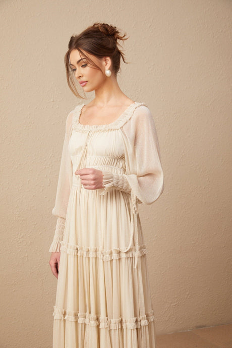 Liana Midi Dress with Metallic Threading and Tiered Design