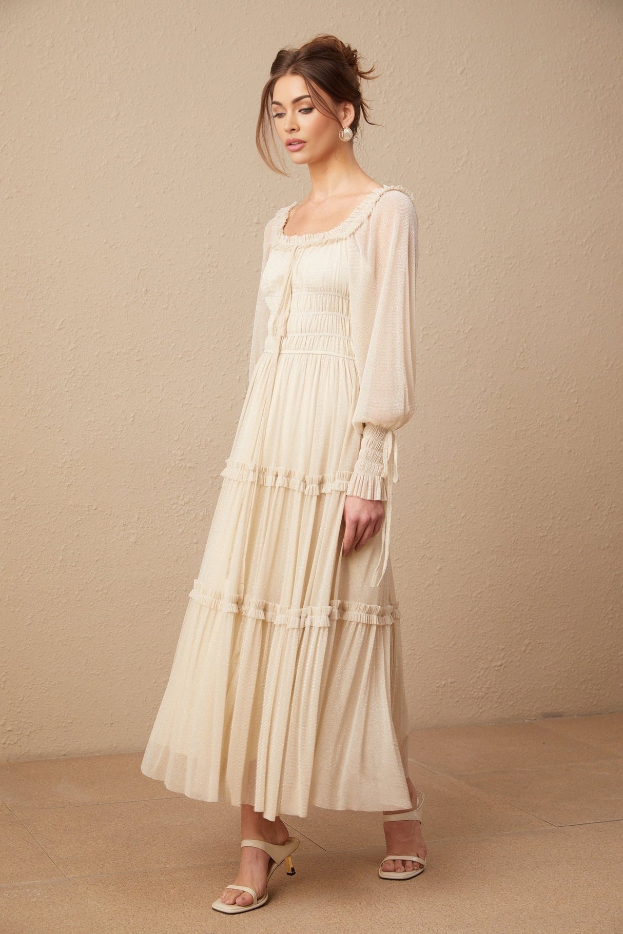 Liana Midi Dress with Metallic Threading and Tiered Design