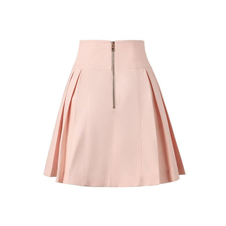 Liana Skirt - High - Waisted A - Line - Double - Breasted Buttons - Flared Hem - Structured Pleats - Gold - Tone Details