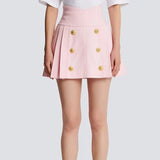 Liana Skirt - High - Waisted A - Line - Double - Breasted Buttons - Flared Hem - Structured Pleats - Gold - Tone Details