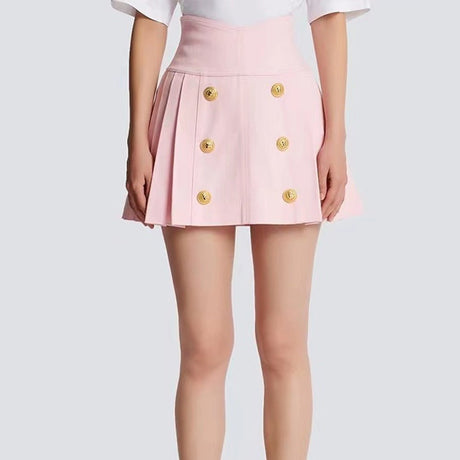 Liana Skirt - High - Waisted A - Line - Double - Breasted Buttons - Flared Hem - Structured Pleats - Gold - Tone Details