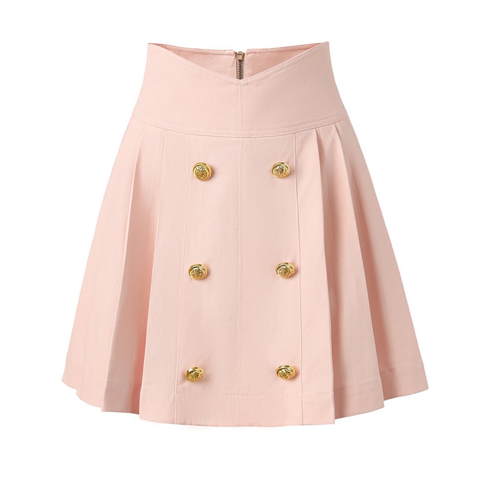 Liana Skirt - High - Waisted A - Line - Double - Breasted Buttons - Flared Hem - Structured Pleats - Gold - Tone Details