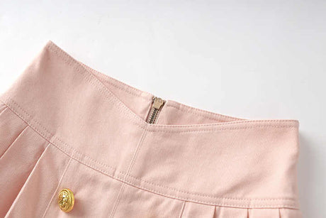 Liana Skirt - High - Waisted A - Line - Double - Breasted Buttons - Flared Hem - Structured Pleats - Gold - Tone Details