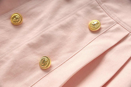 Liana Skirt - High - Waisted A - Line - Double - Breasted Buttons - Flared Hem - Structured Pleats - Gold - Tone Details