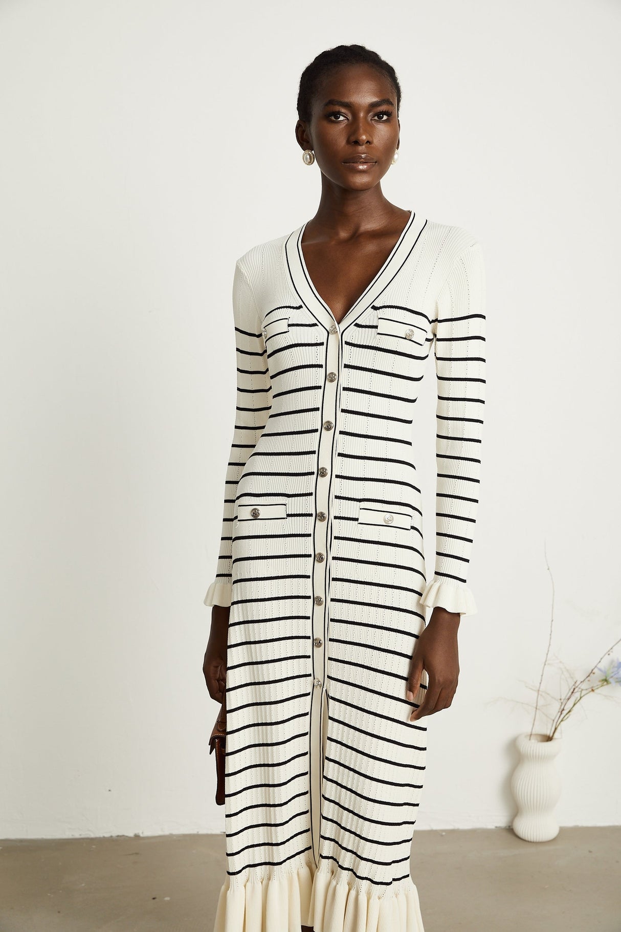Liana white striped flutedhem midi dress