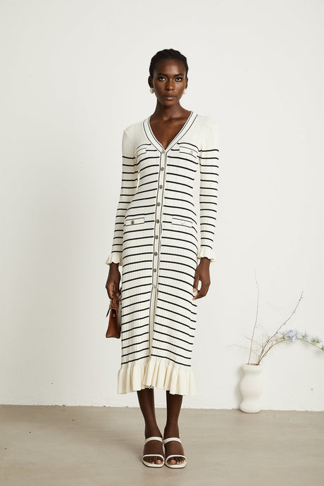 Liana white striped flutedhem midi dress