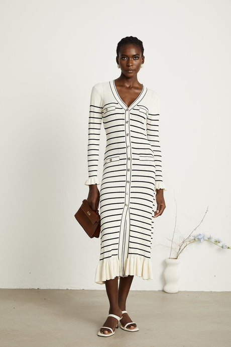 Liana white striped flutedhem midi dress