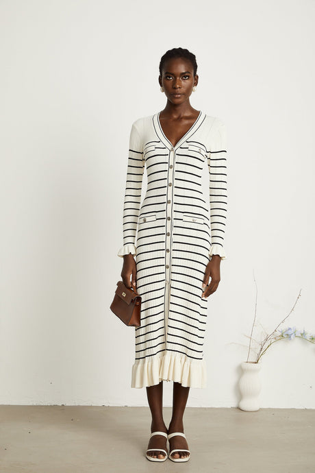 Liana white striped flutedhem midi dress