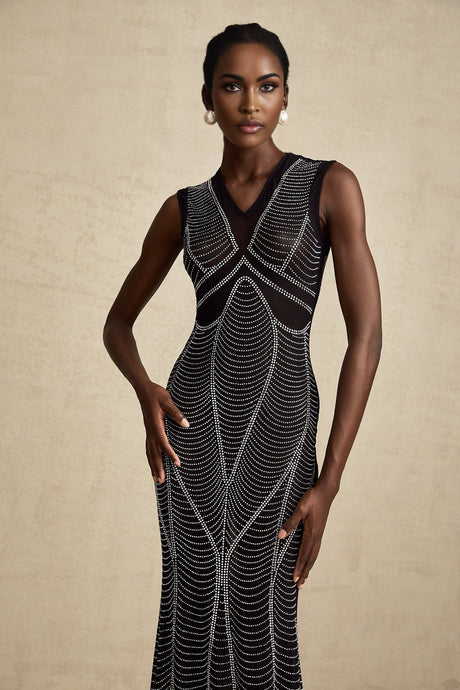 Liane black crystalembellished semisheer maxi dress