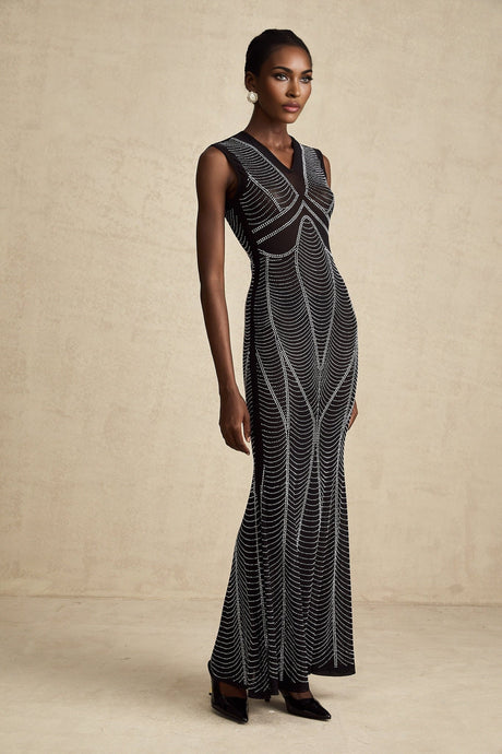 Liane black crystalembellished semisheer maxi dress