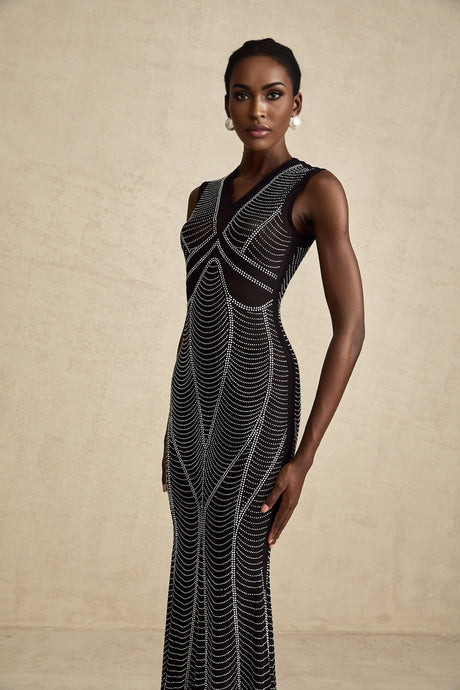Liane black crystalembellished semisheer maxi dress