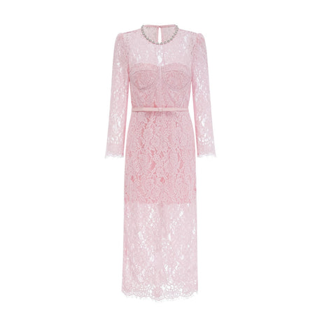 Licia Floral Midi Dress in Vibrant Pink with Lace Overlay & Crystal Embellishments