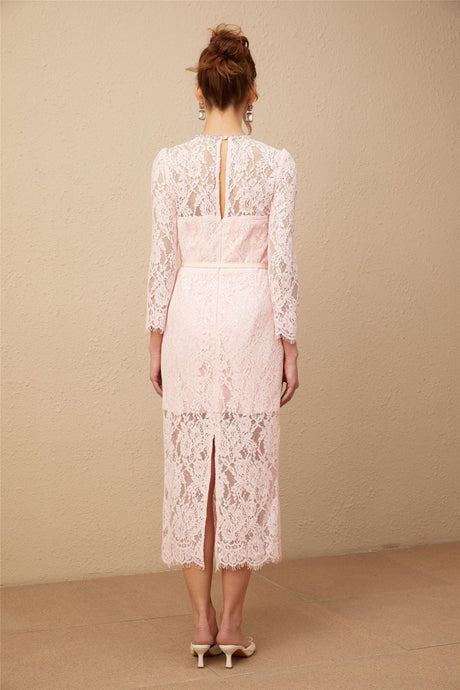 Licia Floral Midi Dress in Vibrant Pink with Lace Overlay & Crystal Embellishments