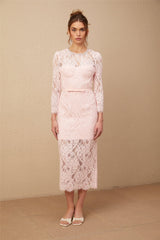 Licia Floral Midi Dress in Vibrant Pink with Lace Overlay & Crystal Embellishments