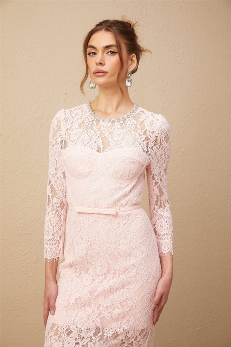 Licia Floral Midi Dress in Vibrant Pink with Lace Overlay & Crystal Embellishments