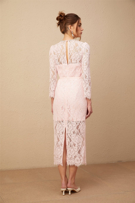 Licia Floral Midi Dress in Vibrant Pink with Lace Overlay & Crystal Embellishments