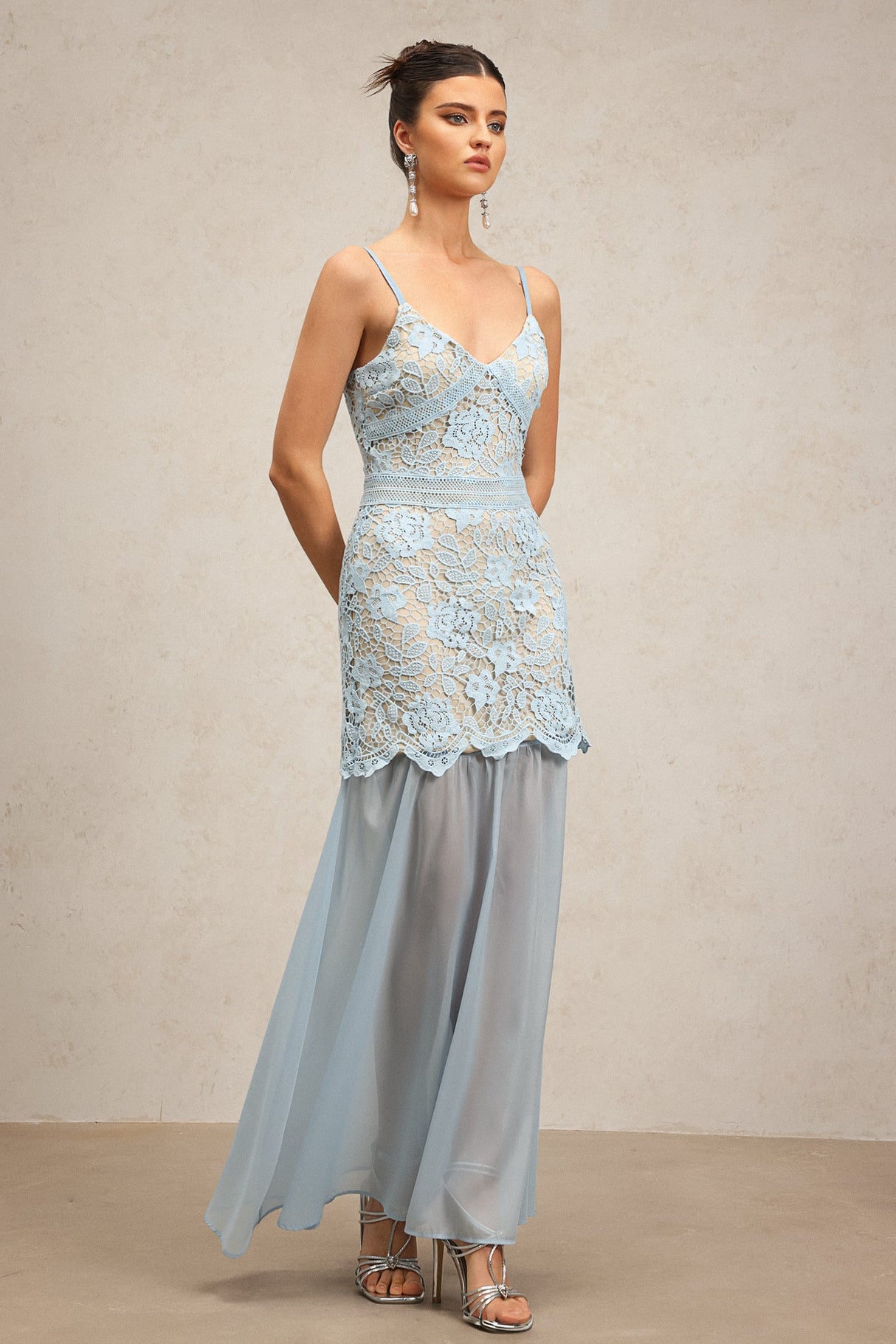 Licia Light Blue Lace Maxi Dress Elegant Sophisticated Halter Neckline Floral Chiffon Overlay Wedding Formal Event Night Out Grace Confidence