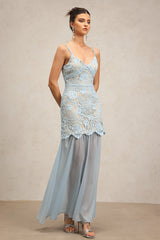 Licia Light Blue Lace Maxi Dress Elegant Sophisticated Halter Neckline Floral Chiffon Overlay Wedding Formal Event Night Out Grace Confidence