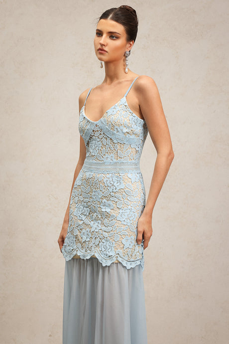 Licia Light Blue Lace Maxi Dress Elegant Sophisticated Formal Event Wedding Halter Neckline Floral Chiffon Overlay Graceful Fit Luxurious Style Confidence Grace