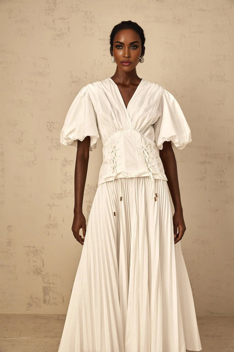 Licia Maxi Dress White Lace - Up Pleated & Puff Sleeves