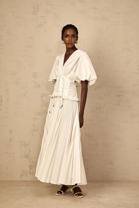 Licia Maxi Dress White Lace - Up Pleated & Puff Sleeves