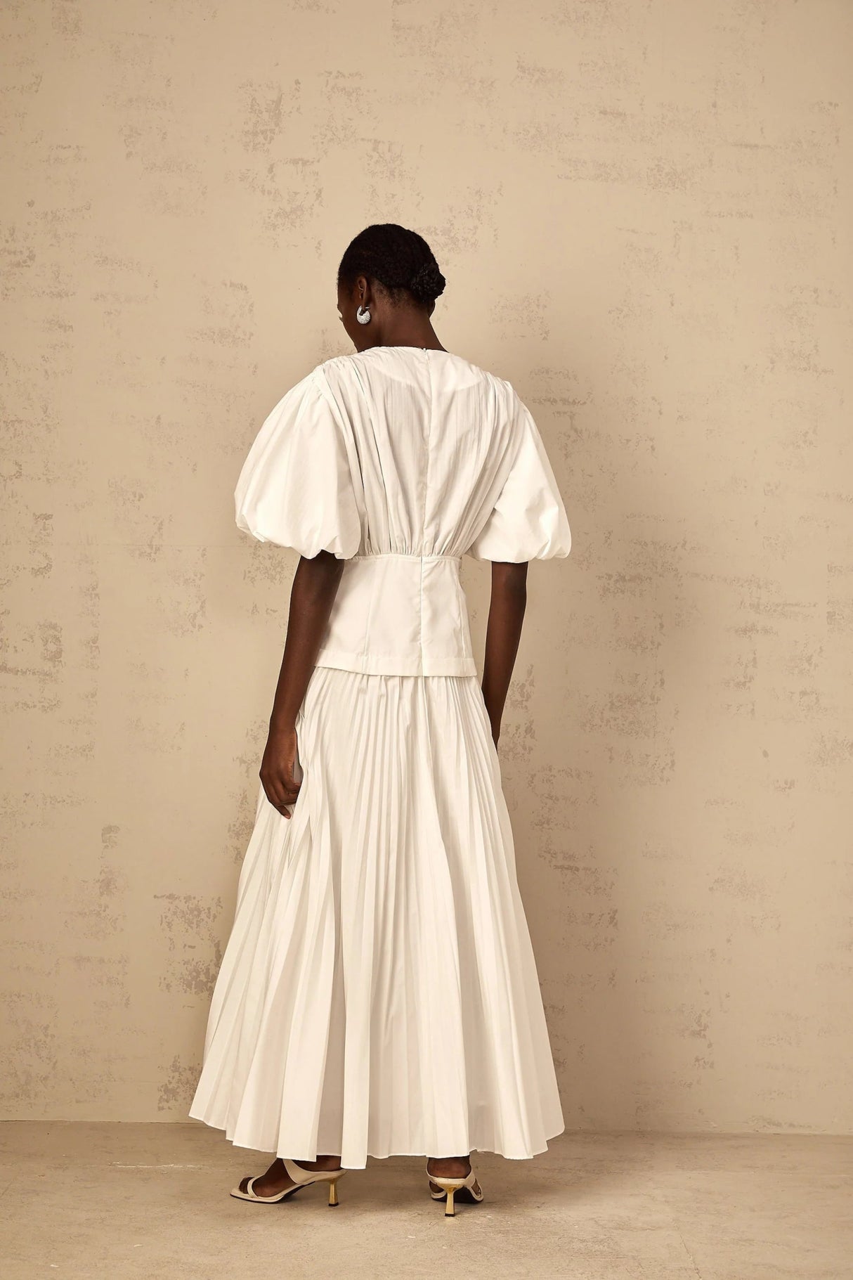 Licia Maxi Dress White Lace - Up Pleated & Puff Sleeves