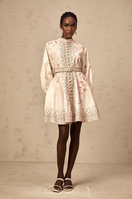 Licia Mini Dress Floral Print Belted Waist Front Button Fastening