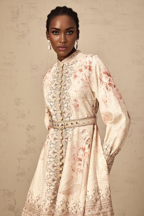 Licia Mini Dress Floral Print Belted Waist Front Button Fastening