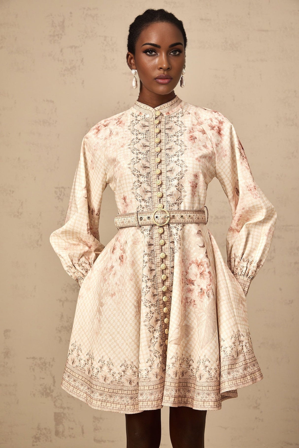 Licia Mini Dress Floral Print Belted Waist Front Button Fastening