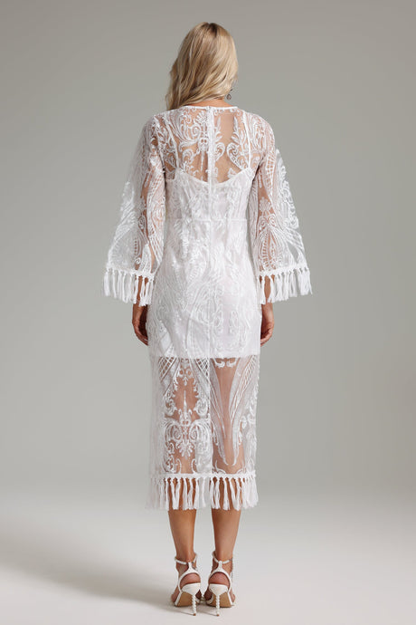 Licia White Embroidered Tassel Detail Dress for Weddings and Special Events